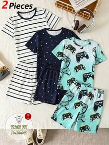 2pcs/Set Boys' Fashionable Gradient Color Gaming Element Print Crew Neck Stretchy Knit Short Sleeve Top And Shorts Casual Homewear Set  Snug Fit - Multicolor - View 6