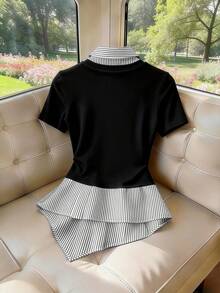 GlowEve Women's Asymmetrical Ruffle Hem Patchwork Black Round Neck Short Sleeve Top, Waist Cinched, Collegiate Style Casual Blouse - Black - View 2