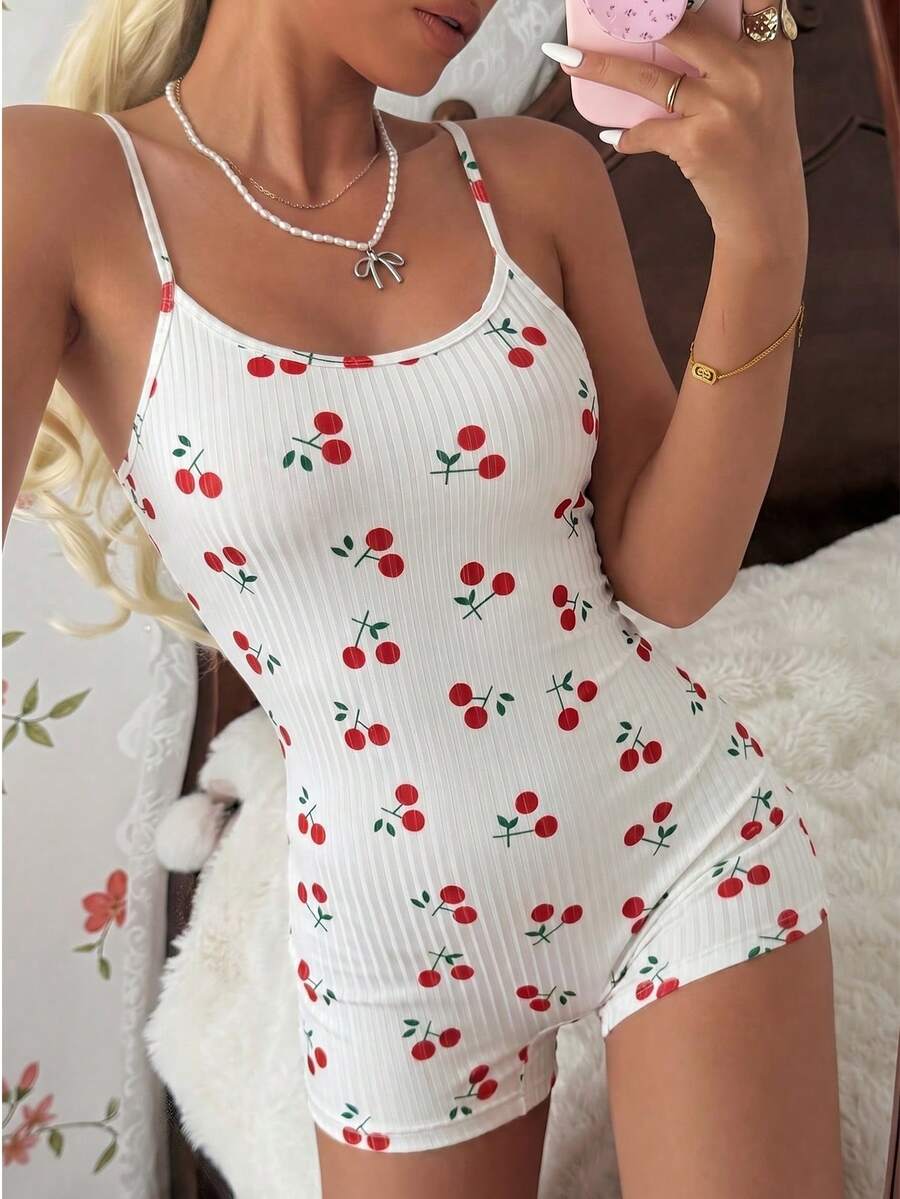 CottageSlumber Cherry Print Criss-Cross Back Comfy Women Jumpsuit Pajamas - White - View 1