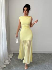 SHEIN Elenzya Đầm maxi màu vàng nhạt, kiểu dáng xếp ly, eo chun, điểm nhấn kim loại, hàng mới về mùa Xuân/Hè 2026. - Màu vàng ngỗng - Xem 6