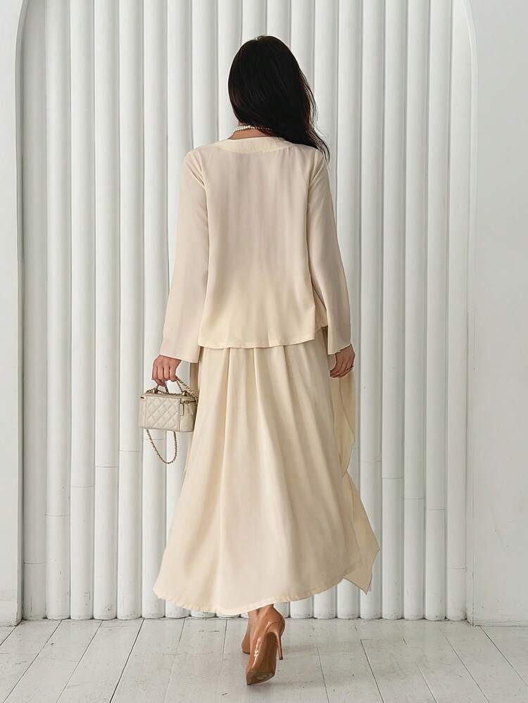 Women's Solid Color Knotted Waist Long Sleeve Shirt And Midi Skirt Elegant 2-Piece Set Lounge Sets For Women