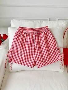 Comfortcana Red Plaid Woven Women's Side Lace-Up Shorts Valentine's Day - Red and White - View 3
