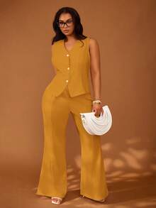 Veslaya Plus Size Women's Mustard Yellow,Summer,Elegant,Semi Formal,Work V-Neck Camisole Top And Pants Set,Boho Wedding Guest Party Graduation Vacation Outfit - Mustard Yellow - View 5