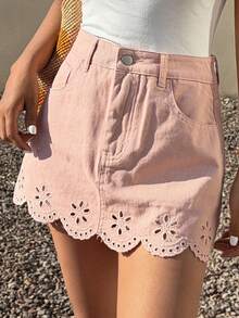 DAZY Women's Summer Lace Trim Casual Mini Denim Skirt, Pink - Pink - View 3
