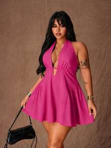 Rustia Plus Size Sexy Chic Deep V-Neck Halter Tie Waist Slim Fit Dress - Hot Pink - View 1