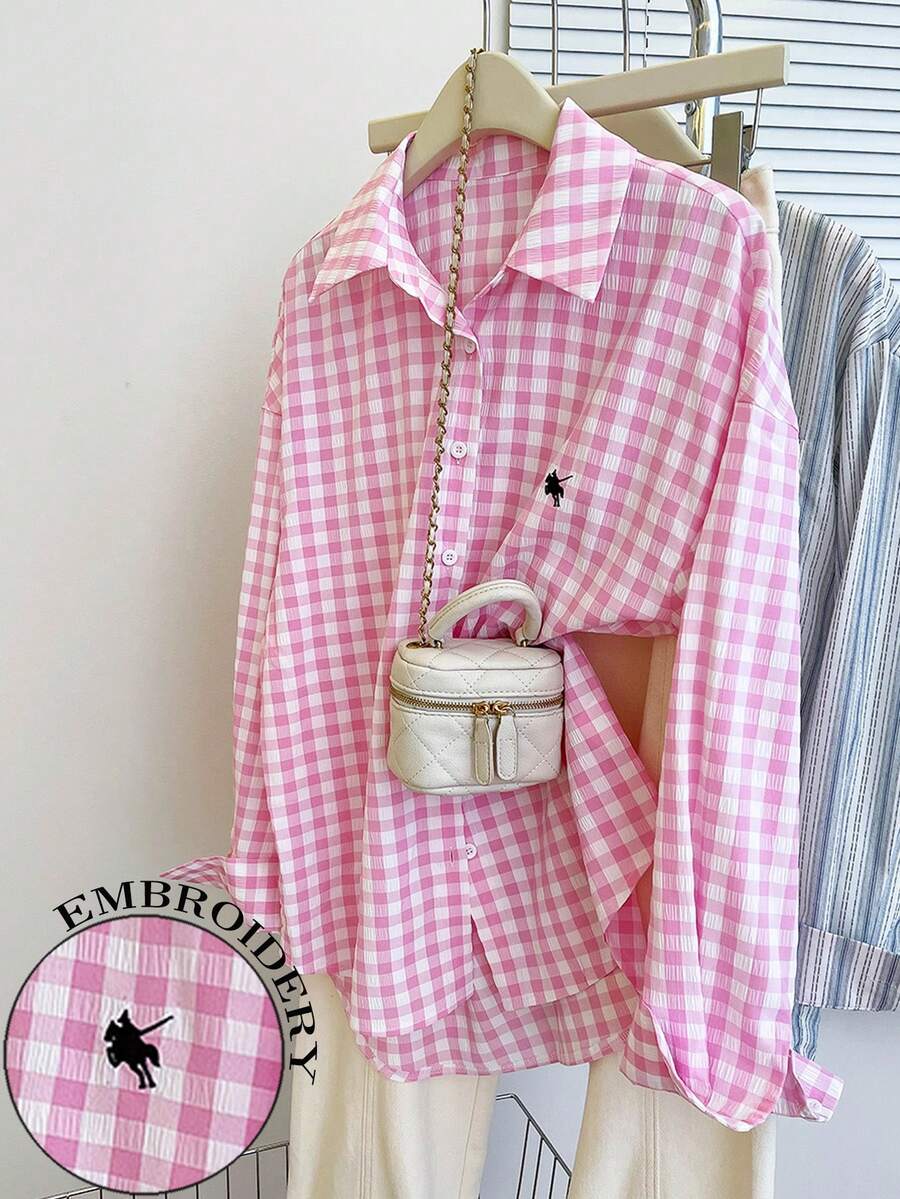 INAWLY Women's Plaid Drop Shoulder Casual Long Sleeve Single-Breasted Shirt, Summer - Pink - View 1