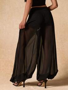 SHEIN BAE 女士黑色雪纺性感灯笼裤，修身长裤，夏季雪纺灯笼裤，性感沙滩度假长裤，修身长裤，黑色裤子 - 黑色 - 查看 2