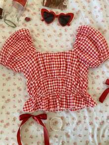 Attitoon Áo sơ mi nữ tay phồng kiểu retro, áo blouse kẻ caro đỏ, trang phục mùa hè cho nữ. - Nhiều màu - Xem 2