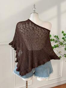 SHEIN EZwear 大码女士休闲钩针披肩，咖啡棕色，荷叶边下摆，半透明，适合外出和约会 - 咖啡棕 - 查看 2