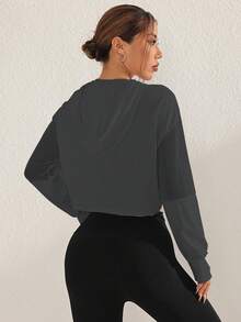 Sovereign Charm Sudadera corta de mujer casual de unicolor con parches, malla hueca y cordón ajustable - Multicolor - Ver 2