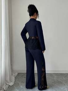 Elenzga Blazer et pantalon élégant en ensemble 2 pièces pour femmes, avec patchwork de dentelle. Convient pour le style décontracté, les déplacements, la mode de rue vintage française, les affaires, les vacances. Automne/Hiver - Bleu marine - Voir 2