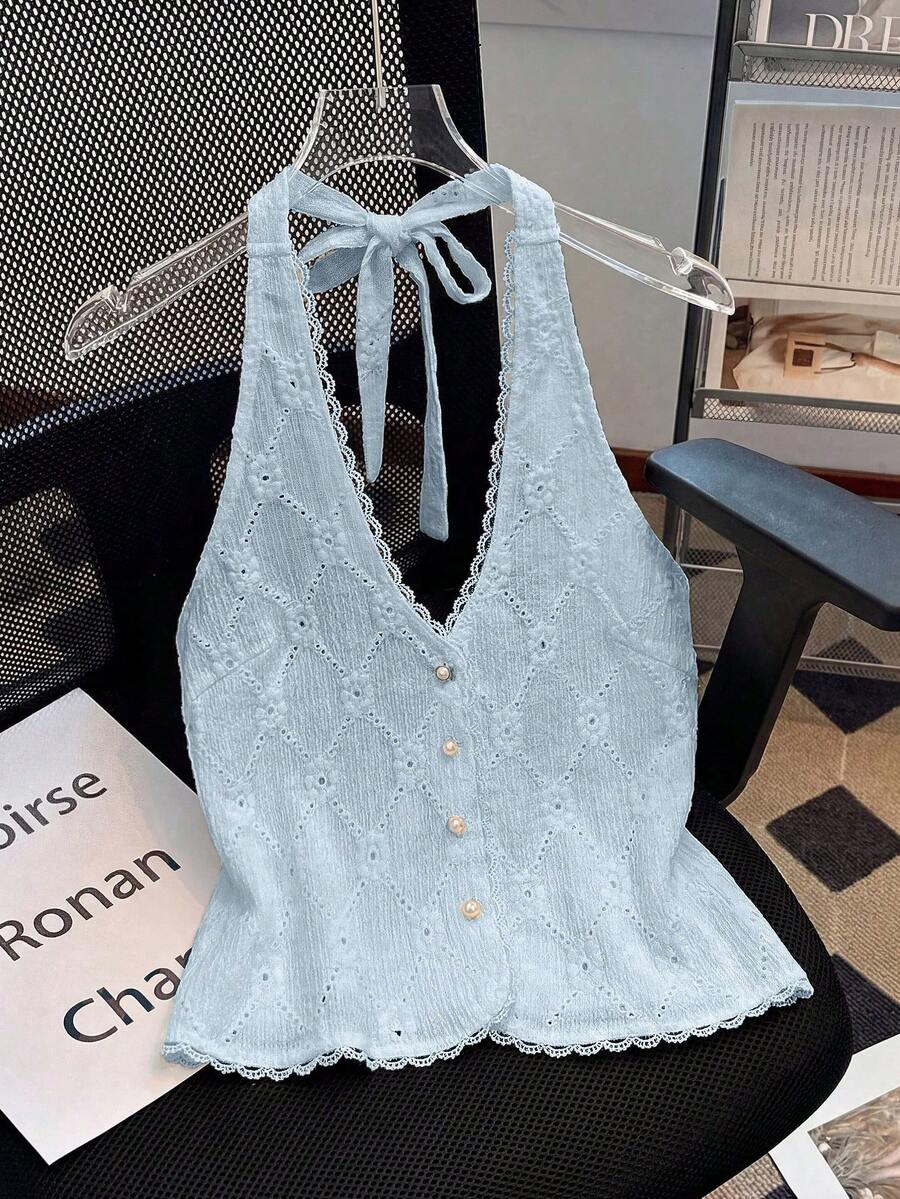 Franclia 女士夏季新款蕾丝吊带背心,性感V领紧身设计,蕾丝拼接,珍珠装饰,女士蕾丝上衣,女士沙滩装,女士度假背心,女士优雅上衣,杏色蕾丝上衣,休闲度假波西米亚风沙滩装,适合情人节、派对、复活节、夏威夷音乐节和热带假期 - 藍色 - 查看 1