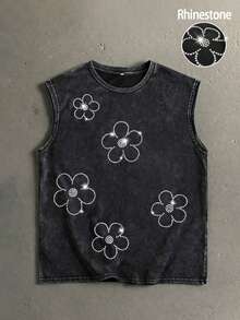 Manfinity Homme Men's Retro Street Style Faux Diamond Flower Graphic Tank Top, Music Festival Vest - Black - View 2