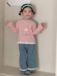Toddler Girls' Round Neck Sweet Lace Patchwork Cartoon Bow Long Sleeve Top - Pink - View 5