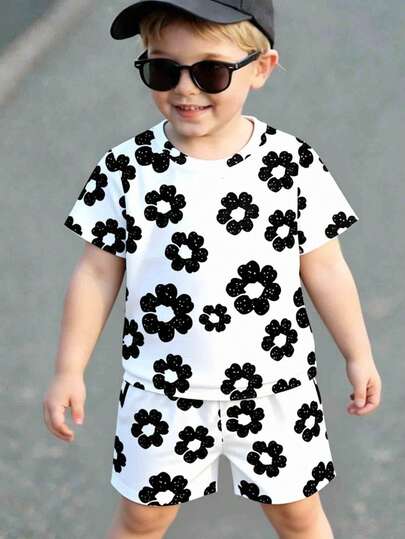 2pcs/Set Toddler Boys' Casual Creative Minimalist Black Floral Print White Base Short T-Shirt And Shorts Set, Comfortable Daily Wear, Suitable For Spring, Summer And Autumn