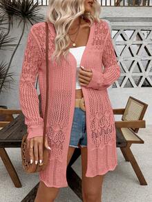 SHEIN LUNE Áo khoác cardigan dài tay nữ màu trơn khoét lỗ, kiểu dáng thường ngày - Màu Hồng  Dưa hấu - Xem 6