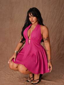 Rustia Plus Size Sexy Chic Deep V-Neck Halter Tie Waist Slim Fit Dress - Hot Pink - View 7