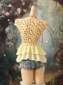 EgrlEra Camiseta de manga corta con estampado floral romántico para mujer - Amarillo - Ver 2
