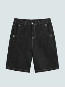 GlobeSwift Men's Denim Bermuda Shorts With Embroidered Print, Casual Summer Pants - Black - View 2