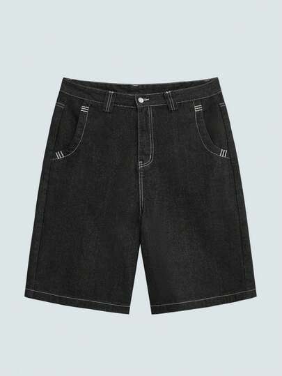 Modcrash Pantalones cortos de mezclilla tipo bermuda para hombre con estampado bordado, pantalones casuales de verano