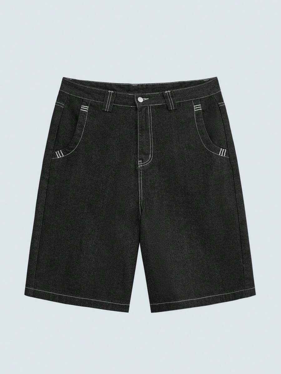 GlobeSwift Men's Denim Bermuda Shorts With Embroidered Print, Casual Summer Pants