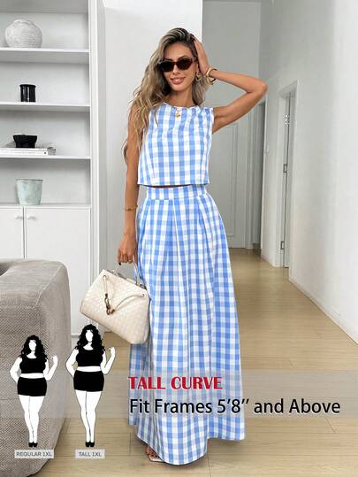 SHEIN Tall CURVE Conjunto informal de 2 piezas de mujer talla grande con cuello redondo y sin mangas a cuadros