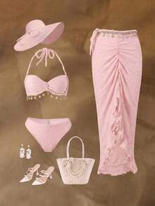 Bonvoyette Women's 3 PiecesTextured Fabric Shell Trim Rope Decor Swimwear Set, For Beach & Holiday - Pink - View 3