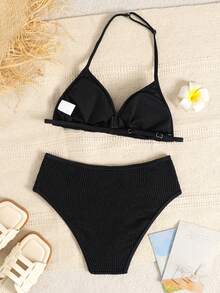 Bộ bikini hai mảnh có dây đeo điều chỉnh được, chất liệu vải dệt jacquard dành cho bé gái tuổi teen, bao gồm áo và quần bikini, thích hợp cho kỳ nghỉ hè ở bãi biển. - màu đen - Xem 2