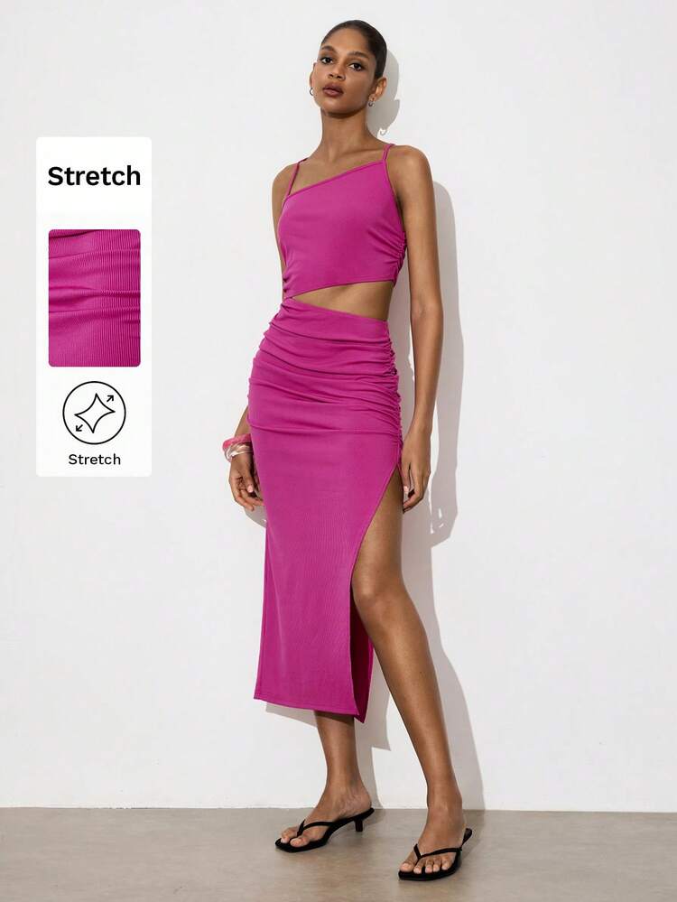 SHEIN Maija Women's Solid Color Waist Cutout High Slit Backless Sleeveless Dress