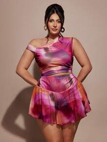 SHEIN BAE Plus Size Women's Asymmetric Printed Top, Short Knit Mini Skirt - Multicolor - View 5