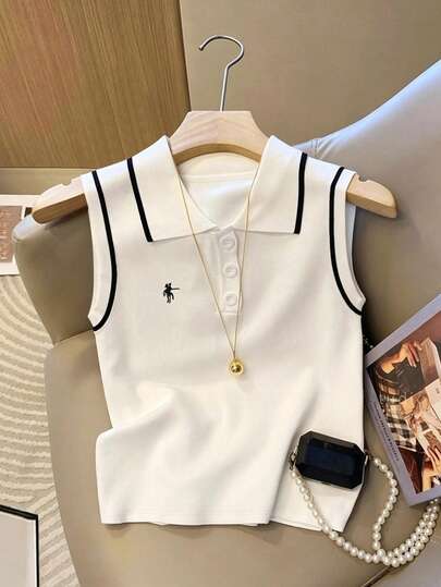 Everyssa Regata Sem Mangas com Gola Polo Tricotada e Bordada em Cores Contrastantes