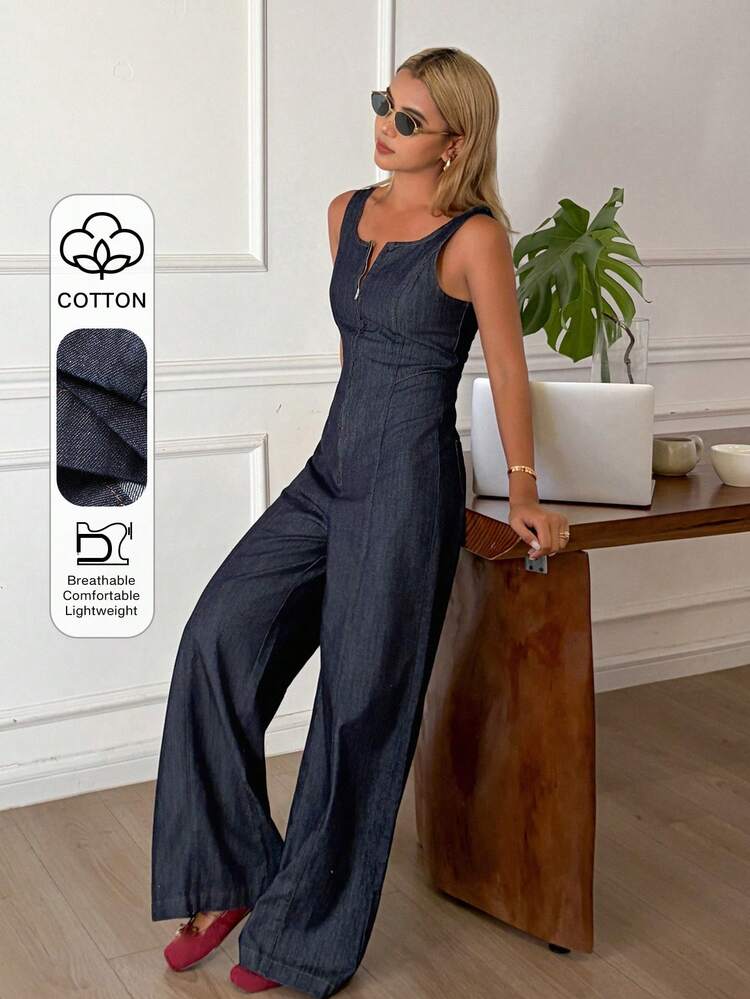 Women's Casual Denim Bib Overalls With Deep U-Neck Sleeveless Design