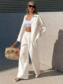 DAZY Conjunto casual de mujer con camisa suelta de cuello y pantalones rectos, color rosa, elegante y juvenil - Blanco - Ver 4