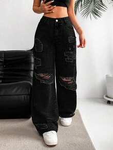 SHEIN Tall Jeans de pierna ancha lavados y desgastados de manera casual - Negro - Ver 3