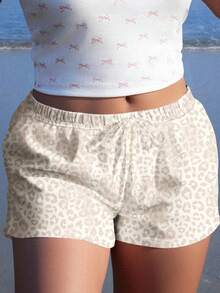 Khaki & Apricot Leopard Print Plus Size Women's Casual Shorts, Suitable For Summer - Multicolor - View 1