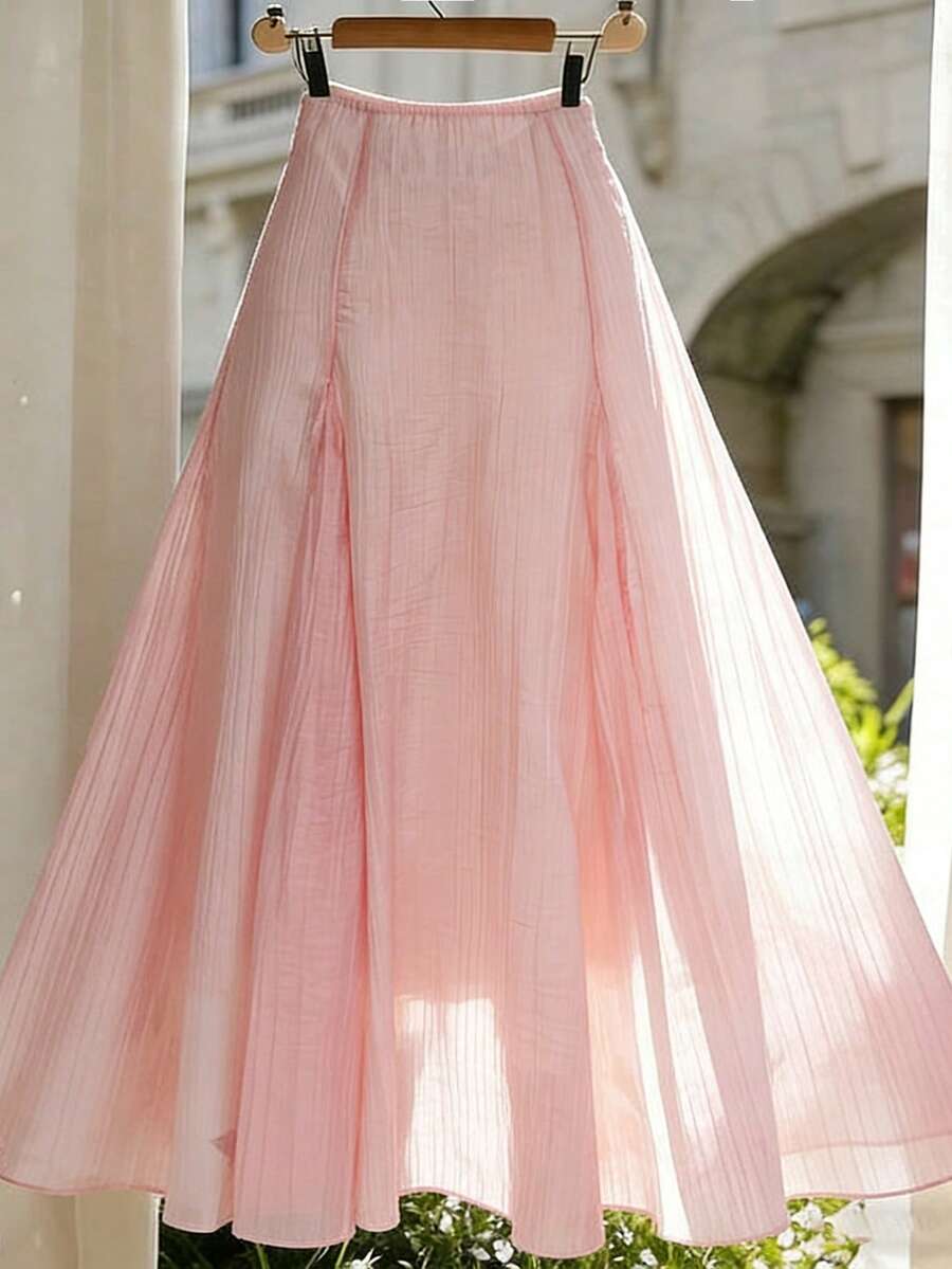 Modelyn 优雅柔软质感缎面A字高腰收腰半身裙，粉色