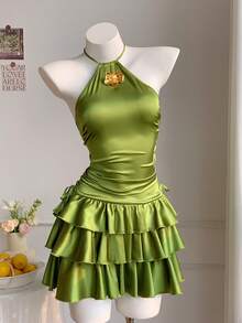 Comfortcana Robe mini d'été élégante pour vacances avec décor floral, col ras-du-cou et volants à l'ourlet - Vert - Voir 4