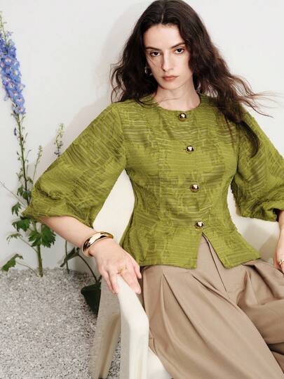 Aveloria Modichic Olive Green Jacquard Jacket With Metal Buttons, Loose Lantern Sleeves, Vintage Elegant Luxurious Feel, Versatile For Commuting, Gatherings, Parties, Fashion Design Sense, Waist Cinched Round Neck Thin Blazer