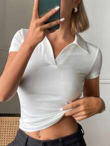 DAZY Women's Summer Polo Collar Fitted Casual Short Sleeve T-Shirt - White - View 3
