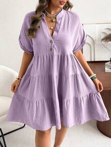 Plus Size V-Neck Polo Sleeve Casual Washed Gauze Crinkle Dress - Mauve Purple - View 3