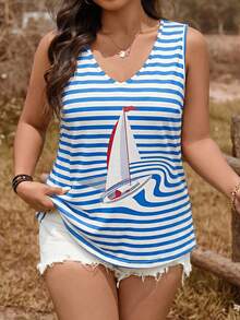 Áo tank top cổ tròn in họa tiết thuyền kẻ sọc dành cho nữ cỡ lớn - Nhiều màu - Xem 6