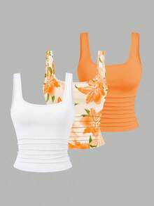 SHEIN CURVE+ 3pcs Plus Size Women's Casual Solid Color & Full Printed Pattern Sleeveless Vest Set, Summer - Multicolor - View 1