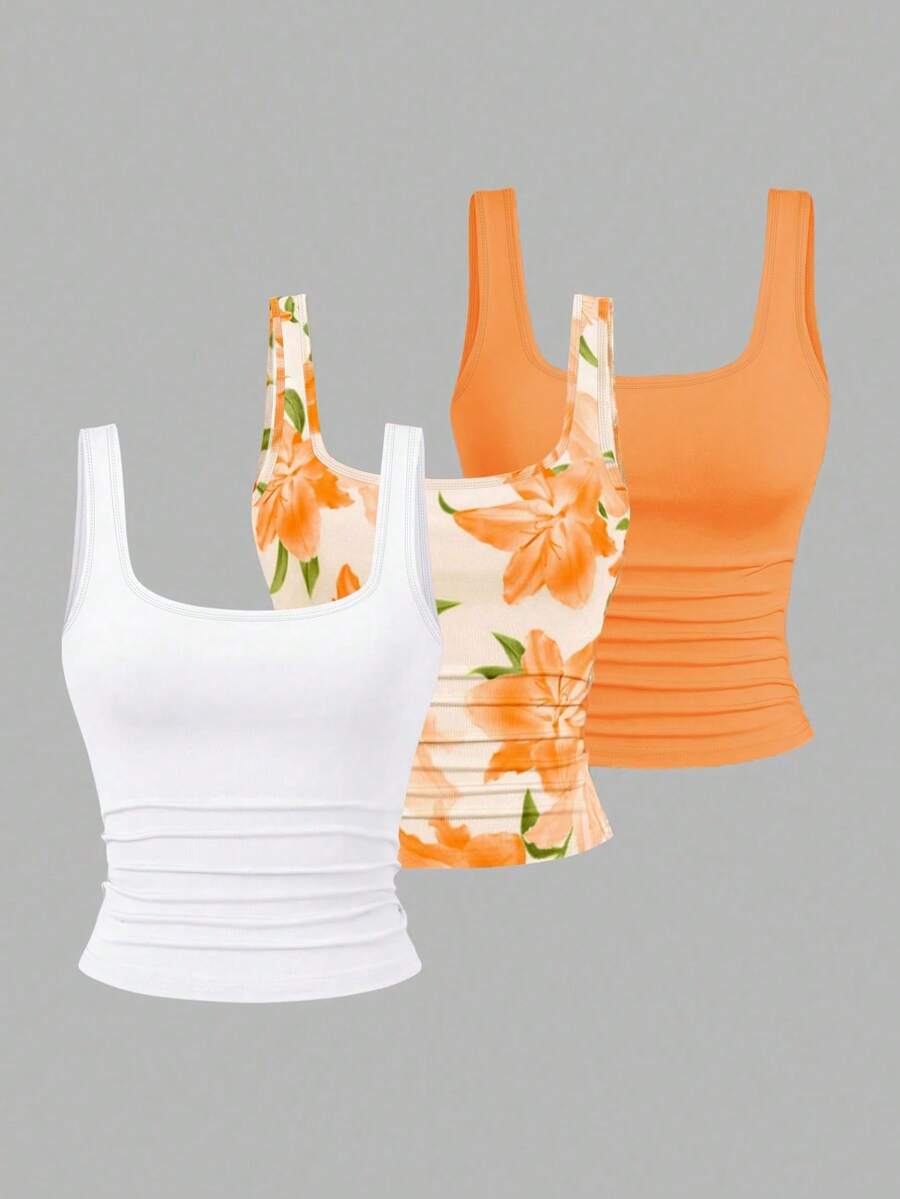 SHEIN CURVE+ 3pcs Plus Size Women's Casual Solid Color & Full Printed Pattern Sleeveless Vest Set, Summer - Multicolor - View 1