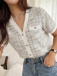 DAZY Women's Elegant Commuter Short Sleeve Button Front T-Shirt, Summer - Grey - View 3