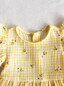Baby Girl Floral & Plaid Pattern Ruffle Hem Casual Vacation Dress, Summer - Yellow - View 3