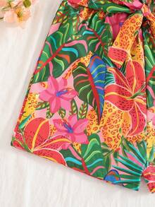 Teen Girls Off Shoulder Cami Jumpsuit,Tropical Flora Print Ruffle Puff Sleeve Casual Holiday,Baby Pink,Summer,Beach,Formal,Holiday Vacation Fashion - Multicolor - View 3