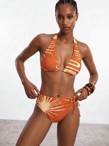 Maija Women's Summer Beach Vacation Printed Halter Bikini Set Beach Outfit For Women Summer Bikini Set For Women - Orange - View 4
