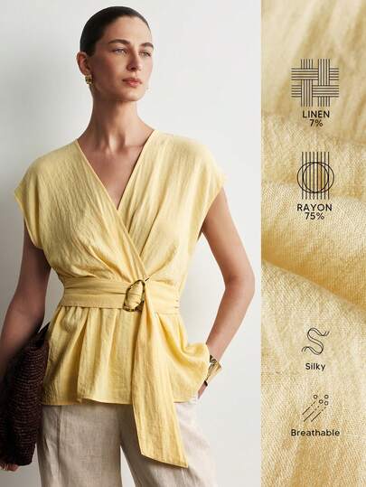 Aalyst Women's Solid Color Linen-Like V-Neck Belted Pleated Waist Shirt With Metal Buckle Decoration, Elastic Waist A-Line Short Sleeve Blouse, Elegant Retro French Style For Office, Commute, Business, Casual, Beach, Afternoon Tea, Street, Minimalist, Vintage, Australian Leisure, Bohemian Holiday, Spring/Summer New Arrival