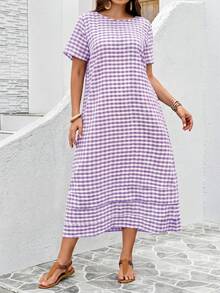 EMERY ROSE Plus Size Women's Summer Beach Vacation Style Printed Ruffled Hem Loose Dress - Purple - View 3