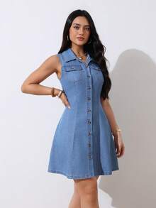 SHEIN Tall Đầm denim không tay cài một hàng cúc dành cho nữ - Rửa nhẹ - Xem 9
